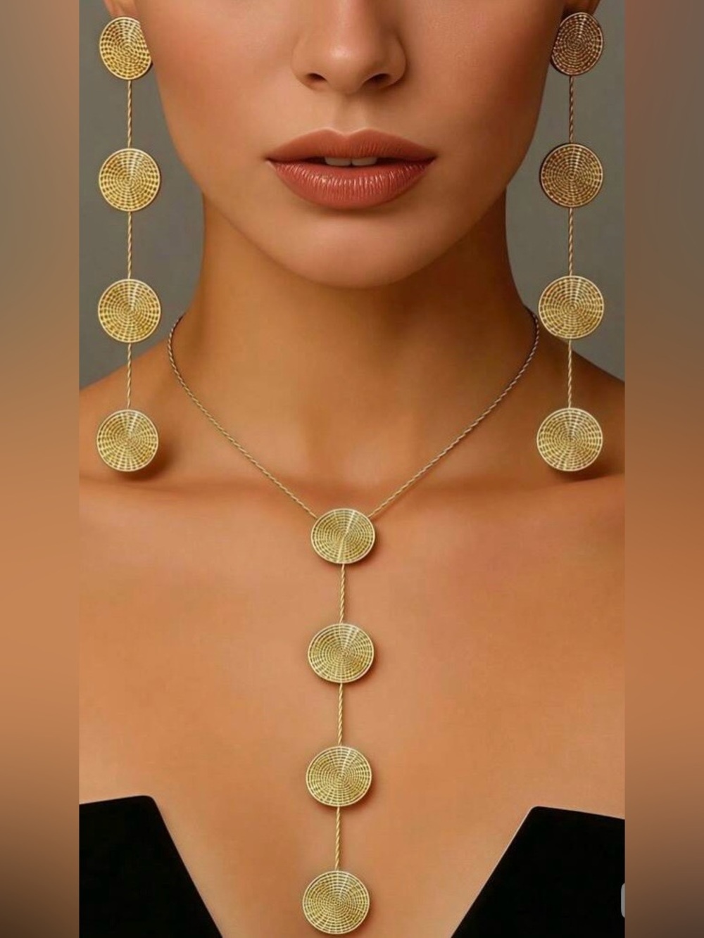Gold Disc Drop Necklace and Earrings Set - Elegant Women Jewelry